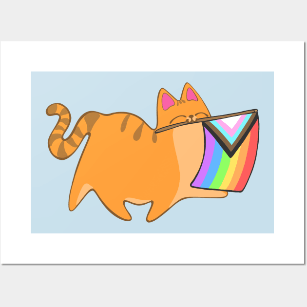 Pride Progress Flag Cat Rainbow LGBTQIA Chibi Orange Tabby Cat Wall Art by BluVelvet